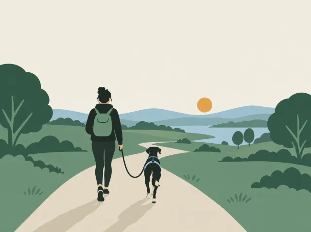 Illustration of a person and their dog on a loose leash walking away down a quiet path at dawn