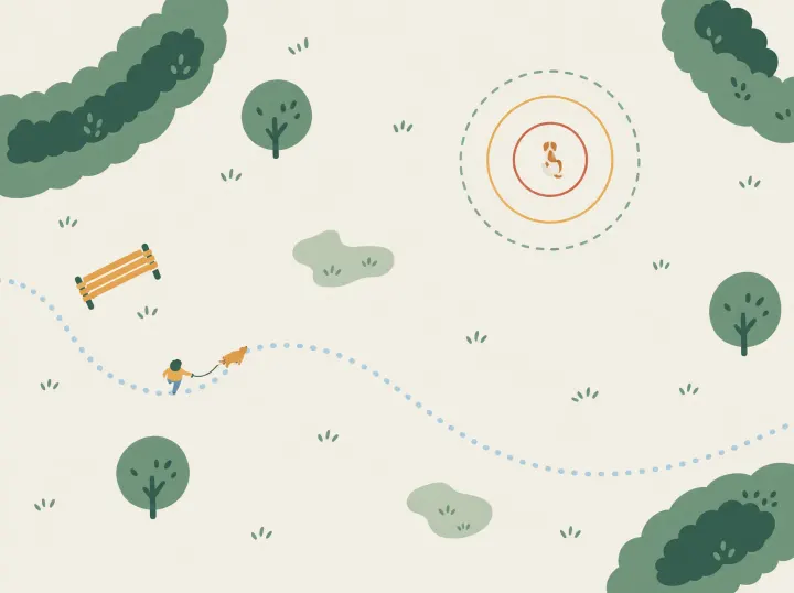 Illustrated top-down park map: an owner and dog on a dotted path, another dog far away inside green, yellow and red distance rings